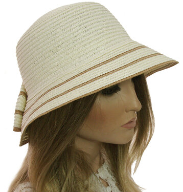 Zomerhoed strohoed cloche met strik kleur natuur camel maat 55 56 57 centimeter