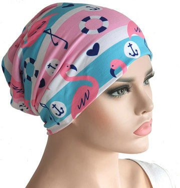 Chemomuts beanie zomerse print flamengo's en ankers roze wit blauw maat one size