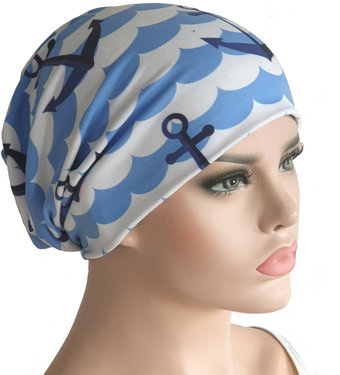 Chemomuts beanie zomerse print ankers wit blauw maat one size