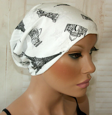 Vintage chemomuts beanie met print Parijs kleur wit maat one size