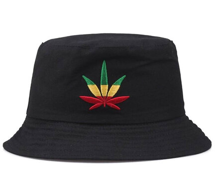 Bucket hat vissershoed zwart wietblad rasta kleuren maat 57 58 centimeter