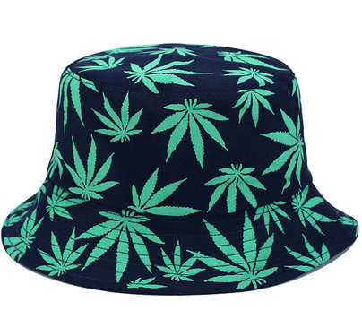  Bucket hat vissershoed donkerblauw met print wiet bladeren maat one size
