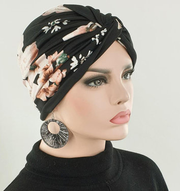 Trendy chemo tulband wrap zwart met bloemen chemomuts