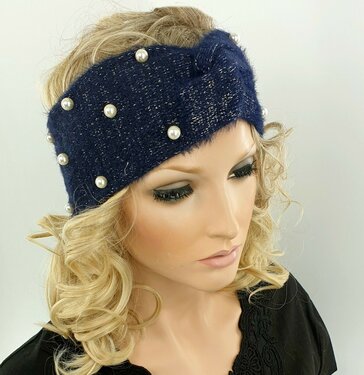 Warme zachte hoofdband haarband met parel versiering van acryl/wol kleur blauw