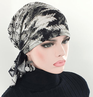 Bandana chemomuts hoofddoek voor haarverlies zwart wit grijs fantasie print