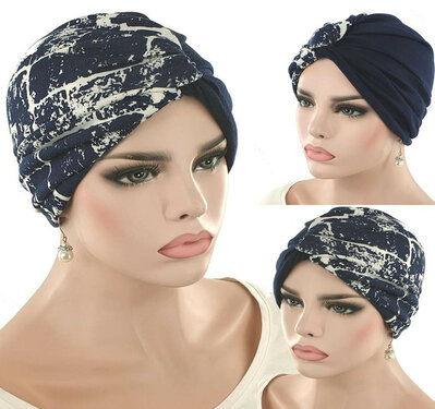 Trendy chemo tulband wrap blauw met wit