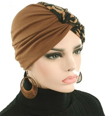 Trendy chemo tulband wrap camel bruin zwart