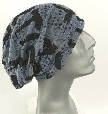 Vintage katoenen used look lange beanie herenmuts blauw zwart print met tekst 