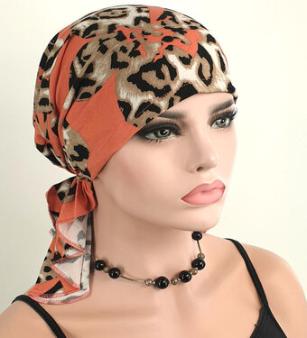 Bandana chemomuts hoofddoek voor haarverlies kleur koraal print bladeren