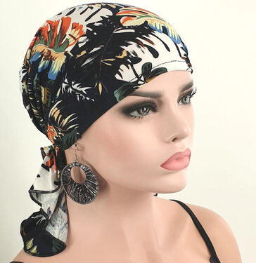 Bandana chemomuts hoofddoek voor haarverlies kleur zwart bloemenprint