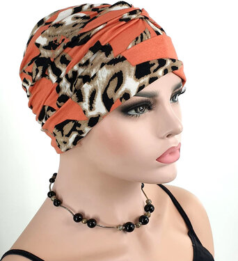 Luxe chemomuts wrap kleur koraal dierprint bladeren print