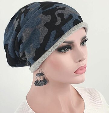 Chemomuts beanie muts bij haarverlies van katoen kleur blauw camouflage