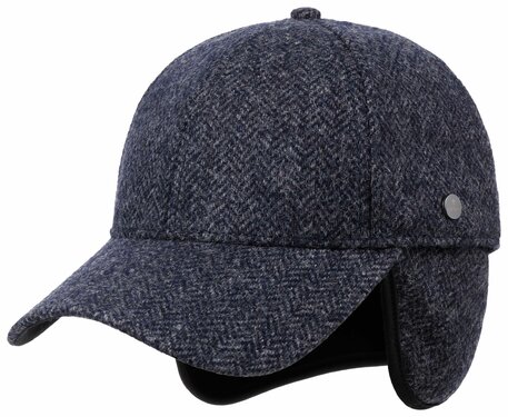 Lierys Baseball cap van wol met oorflappen kleur blauw visgraat