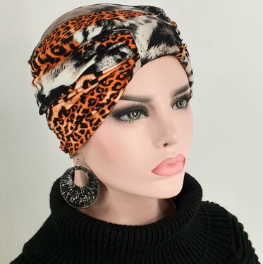 Luxe chemomuts wrap tulband dierprint zwart oranje