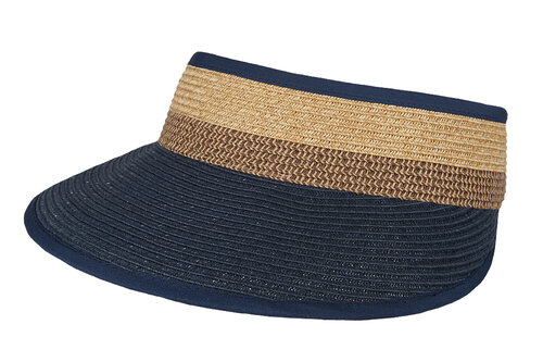 Mooie grote zonnepet zonneklep van Hatland Headwear van stro met extra brede rand kleur blauw beige