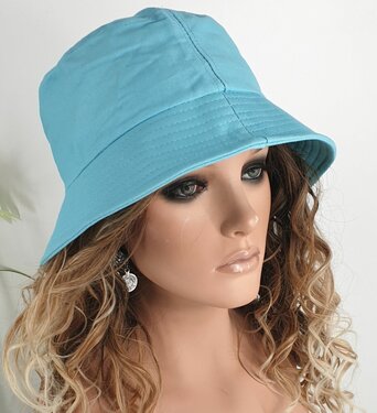 Katoenen bucket hat vissershoedje zomerhoed maat one size kleur aqua blauw