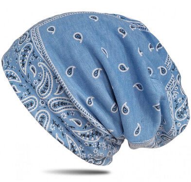 Dubbellaagse chemomuts beanie met paisley motief kleur lichtblauw