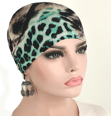 Chemo basismuts slaapmuts zwart dierprint turquoise