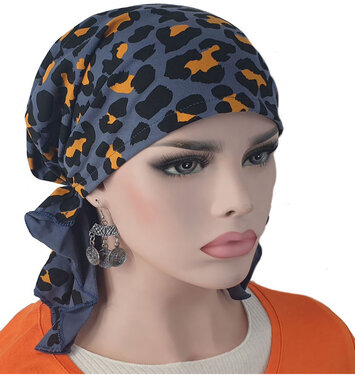 Bandana chemomuts hoofddoek voor haarverlies kleur luipaard grijsblauw