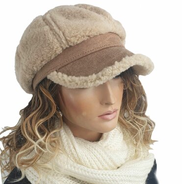 Wollen ballonpet winterpet teddy baret met klepje maat S/M kleur beige creme