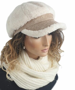 Wollen ballonpet winterpet teddy baret met klepje maat S/M kleur wolwit beige