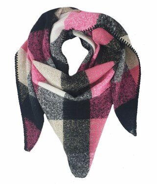 Zachte wintersjaal driehoeksjaal ruit pink wolwit zwart
