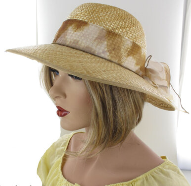 Strohoed rieten hoed dameshoed strandhoed met strik kleur beige met strik zonbescherming