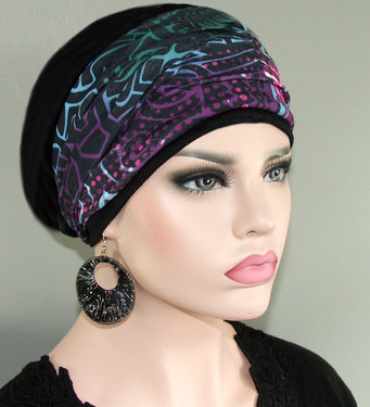 Chemo beanie kleur zwart met hoofdband fantasieprint