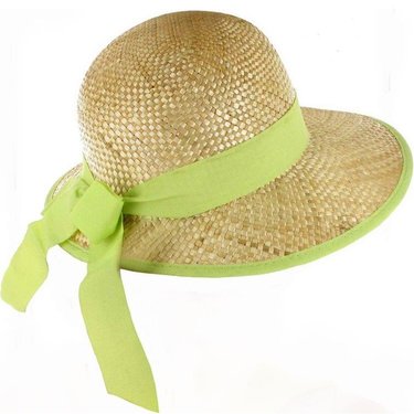 Elegante strocap strohoed met strik in lime kleur