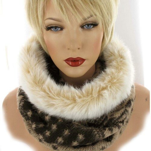 Warme winter col voor dames met bontrand kleur bruin beige