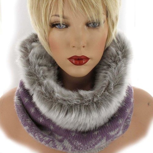 Warme winter col voor dames met bontrand kleur lila grijs