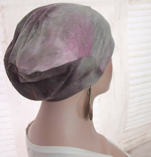 Muts haarverlies chemomuts supersoft batik lila taupe 