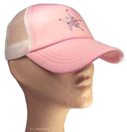 Dames mesh cap strass steentjes kleur roze met wit