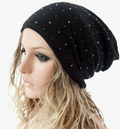 Chemo longbeanie gevoerde muts met strass steentjes kleur zwart