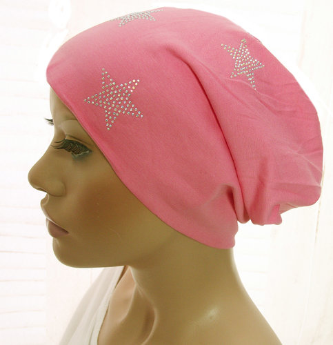 Chemo longbeanie muts zalmroze met glitter strass sterren