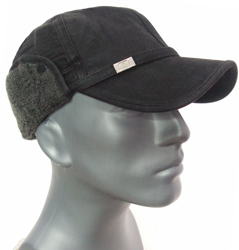 Warme leder look cap met oorwarmers kleur zwart