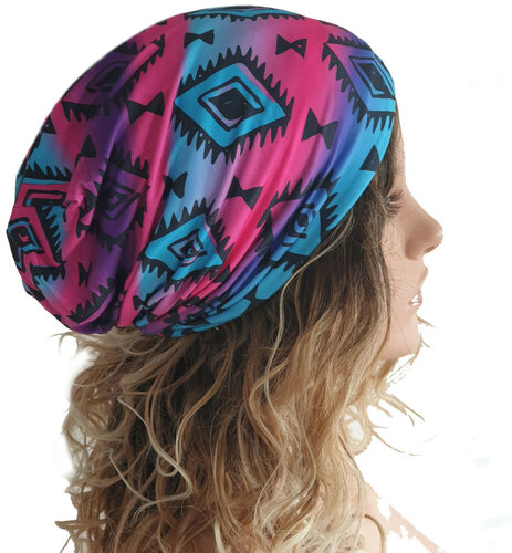 Muts beanie aztec print ethno chemomuts kleur blauw paars roze maat one size