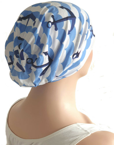 Chemomuts beanie zomerse print ankers wit blauw maat one size
