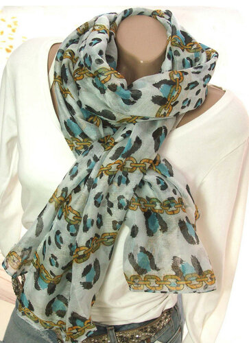 Dames zomer sjaal luipaard ketting print kleur blauw 185 cm x 80 cm