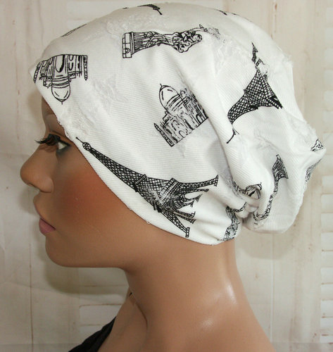 Vintage chemomuts beanie met print Parijs kleur wit maat one size