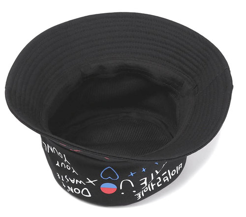  Bucket hat vissershoed zwart met print tekst maat one size