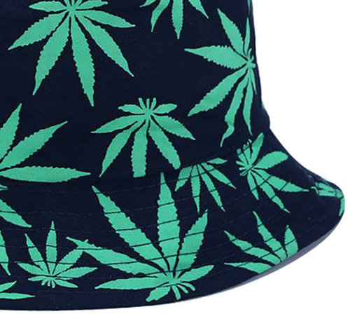  Bucket hat vissershoed donkerblauw met print wiet bladeren maat one size