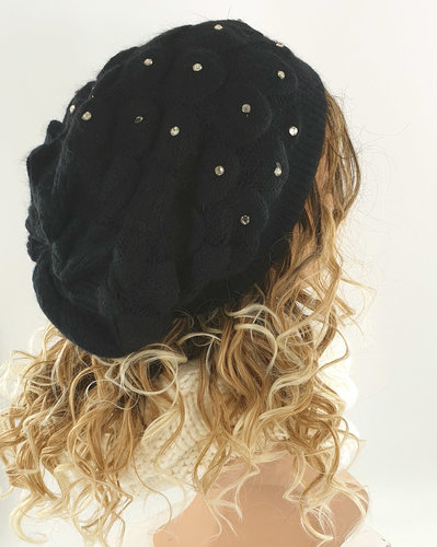 Dubbel gebreide wintermuts met strass stenen kleur zwart