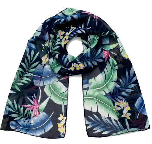Prachtige twee-delige chemo set van zwarte jersey stretch beanie en sjaal bloemen bladeren print blauw
