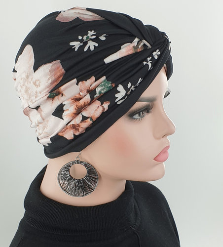 Trendy chemo tulband wrap zwart met bloemen chemomuts