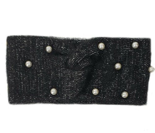 Warme zachte hoofdband haarband met parel versiering van acryl/wol kleur zwart