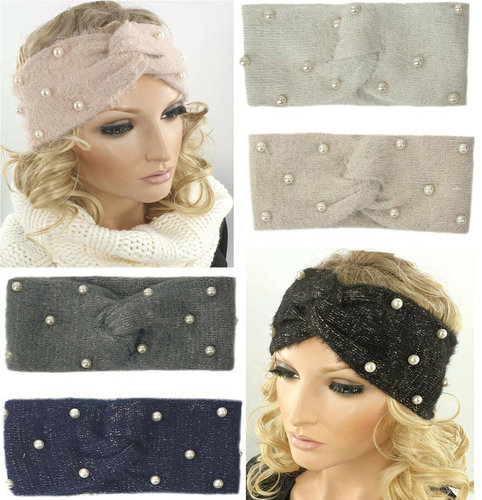 Warme zachte hoofdband haarband met parel versiering van acryl/wol kleur lichtbeige