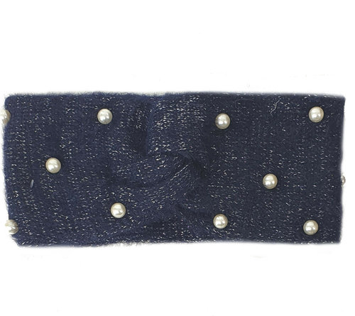 Warme zachte hoofdband haarband met parel versiering van acryl/wol kleur blauw