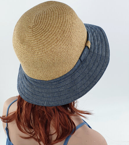 Zomerhoed zonnehoed cloche blauw naturel maat one size 56 57 centimeter