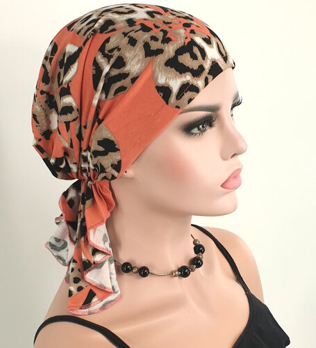 Bandana chemomuts hoofddoek voor haarverlies kleur koraal print bladeren